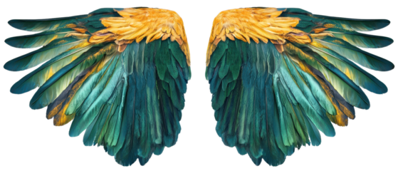 Vibrant green and yellow angel wings on a white background symbolizing freedom, grace, and spirituality. Ideal for creative and inspirational projects.