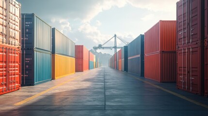 Industrial Port Scene with Freight Containers and Cargo Ship in Harbor Perspective View