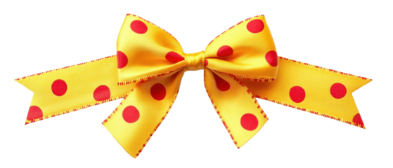 Yellow ribbon with red polka dots, tied in a bow cut out transparent isolated PNG