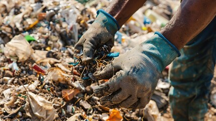 Obraz premium Close-up view of gloved hands meticulously sorting waste for recycling.sustainability, green, eco-friendly, protect, save, International Cleanup Day