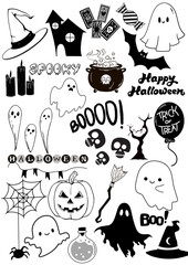 Halloween party elements sticker pack. Witch craft scrapbook, skull, ghost, spooky, boo, candy, pumpkin, witch hat, web, bat