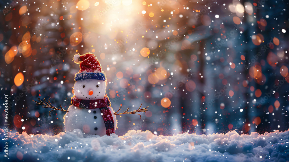 Aufkleber snowman with red hat and scarf standing in snowy forest with sunlight shining through trees