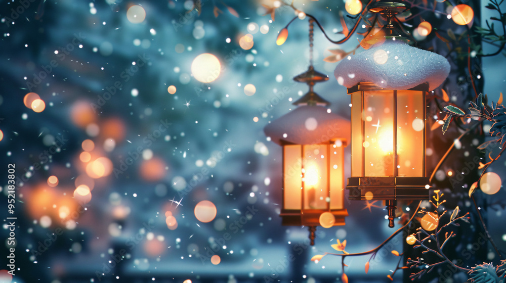 Aufkleber two antique lanterns are hanging from a snow-covered branch, illuminating the falling snow on a cold