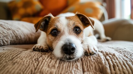 Obraz premium A relaxed dog rests comfortably on a soft couch, showcasing joy and cuteness indoors
