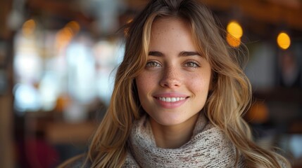 Obraz premium A woman with blonde hair and a scarf around her neck is smiling