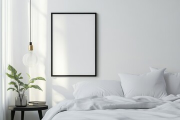 A minimalist bedroom with a bed, plant, and framed wall space for decoration.