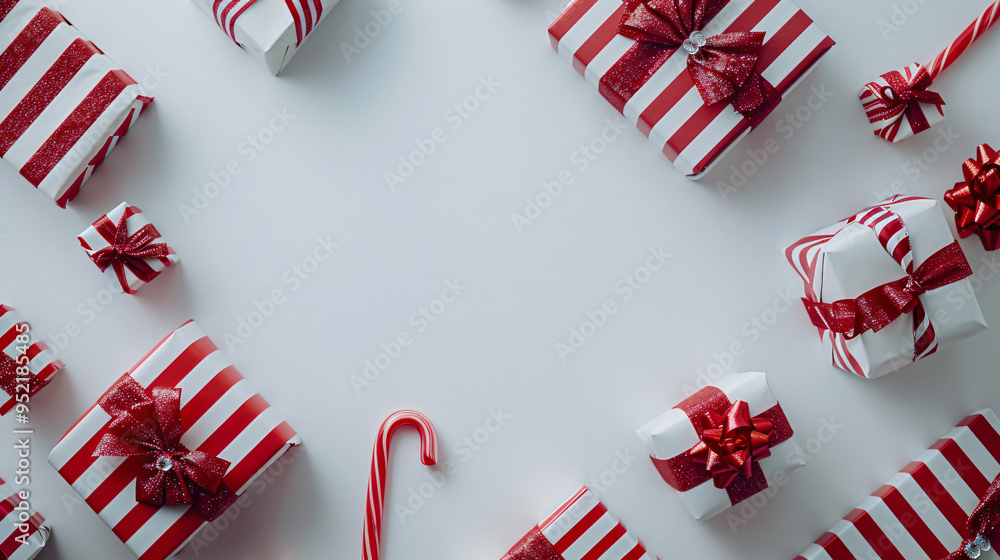 Aufkleber Christmas presents wrapped in red and white paper forming a frame on a white background with copy space in the middle