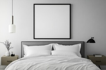 A minimalist bedroom with a large blank frame above the bed and simple decor.