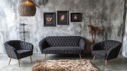Bouclé sofa and two armchairs on a fur rug against a concrete wall with art frames, exemplifying loft-style minimalist interior design in a modern living room.