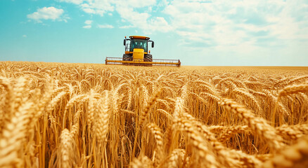 Obraz premium harvest wheat. combine harvester working on ripe wheat field, moisson, Ripe ears of gold field on the sunset, Agriculture, wheat crop 