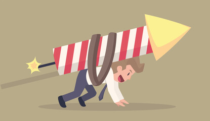 Businessman to win competition,innovation concept, businessman prepare to start running with ignite firework.illustration.vector