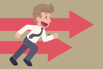 Businessman runs towards a red arrow that shoots. New startup concept. Heading towards the goal of success.illustration.vector