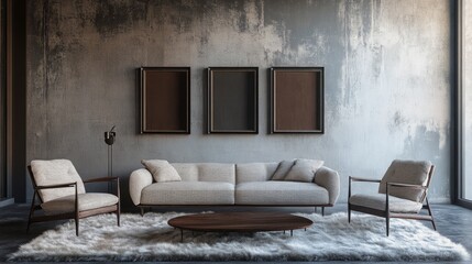 Bouclé sofa and two armchairs on a fur rug against a concrete wall with art frames, exemplifying loft-style minimalist interior design in a modern living room.