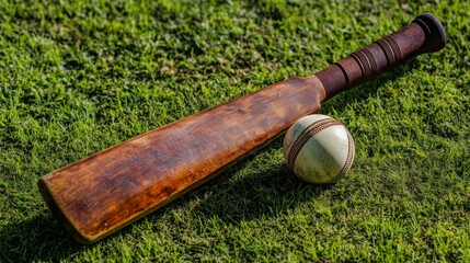 Close-Up of Cricket Ball and Bat on Grass Field, capturing the essence of traditional cricket with detailed focus on sports gear and the vibrant green of the cricket pitch