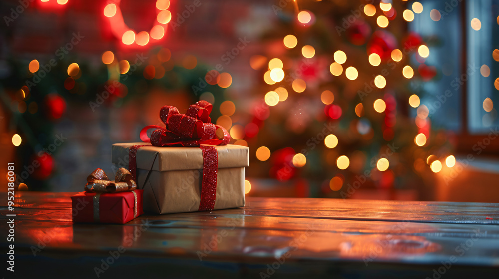 Poster christmas presents with red bows are displayed on a wooden surface with blurred christmas tree light