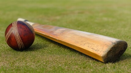 Close-Up of Cricket Ball and Bat on Grass Field, capturing the essence of traditional cricket with detailed focus on sports gear and the vibrant green of the cricket pitch