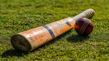 Close-Up of Cricket Ball and Bat on Grass Field, capturing the essence of traditional cricket with detailed focus on sports gear and the vibrant green of the cricket pitch