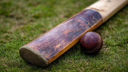 Close-Up of Cricket Ball and Bat on Grass Field, capturing the essence of traditional cricket with detailed focus on sports gear and the vibrant green of the cricket pitch