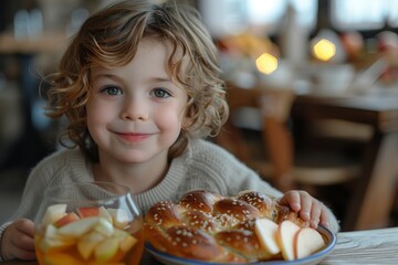 Jewish boy eating Rosh Hashanah challah bread, jewish family. Traditional Jewish food, Rosh Hashanah apples in honey. Shana Tova, Happy Jewish New Year, Jewish holiday. Tishrei holidays!!