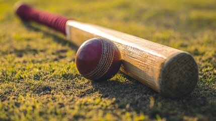 Close-Up of Cricket Ball and Bat on Grass Field, capturing the essence of traditional cricket with detailed focus on sports gear and the vibrant green of the cricket pitch