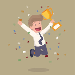 Businessman jumping holding trophy. golden cup and confetti. Business online achievements. Get reward and celebrate. Partnership and teamwork. business success, leadership, awards.illustration.vector