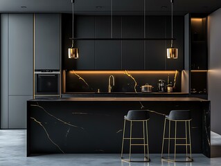 2. A modern kitchen in a rich and minimal style home designed with a sophisticated black and gold theme. The kitchen features sleek black cabinetry with gold handles, a black marble island with