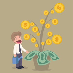 Businessman watering tree with coins as leaves concept financial growth investment nurturing and sustainability.illustration.vector