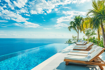 Exotic resort vacation in a villa with sun loungers and pool and sea view
