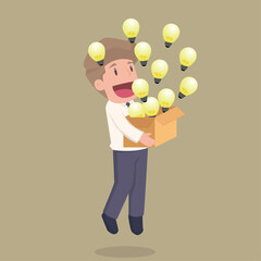 Businessman Character Open Huge Box with Light Bulbs Flying Out. Enlightenment Propaganda, Message. Knowledge and Ideas Spreading, Education. Leaving of Mind Limits, Dreaming.illustration.vector