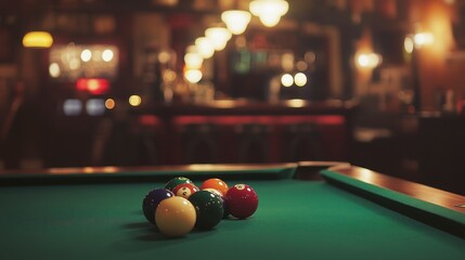 Cue ball striking other balls on a billiard table in a dimly lit bar. 