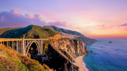 Bixby Bridge and Pacific Coast Highway at sunset,California