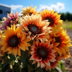 Obraz premium decorative sunflowers in the field real photo