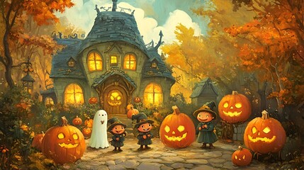Enchanting Autumn House with Glowing Pumpkin Decor in Night Landscape