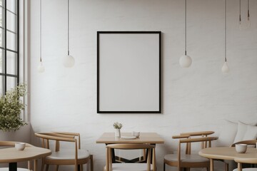 A minimalist cafe interior featuring wooden furniture and a blank frame on the wall.