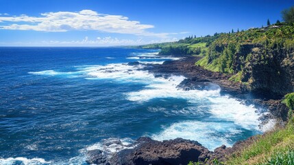 Obraz premium Ocean view from a cliffside with crashing waves, rocky shoreline, and a clear blue sky. 