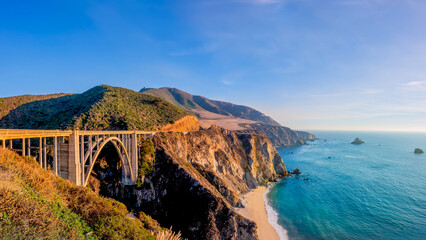 Bixby Bridge and Pacific Coast Highway at sunset,California