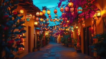 Fototapeta premium A vibrant street adorned with colorful lanterns and flowers, creating an enchanting atmosphere for a New Year celebration in a charming Mexican town. The festive decorations capture the lively spirit 
