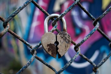 A broken heart-shaped padlock hanging on a rusted chain-link fence.