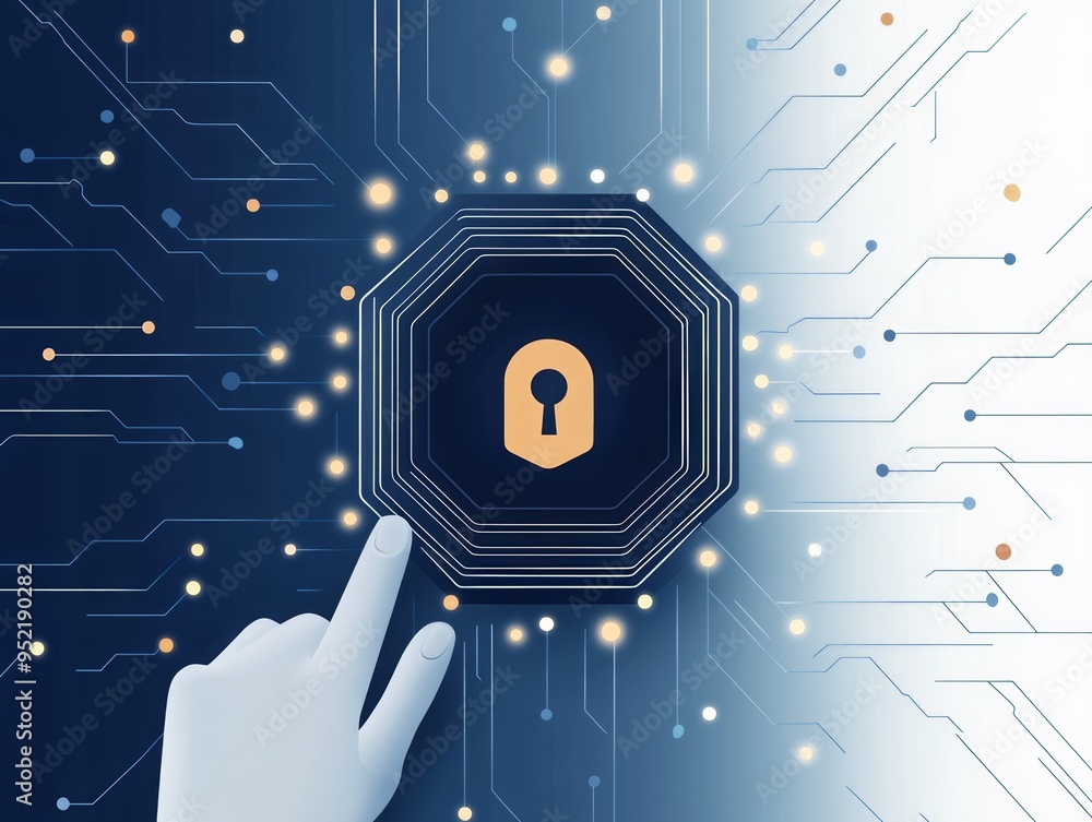 Poster digital security concept with a hand pointing to a lock icon, symbolizing data protection and cybers