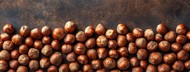 macro closeup flat lay food background photo of a bowl full of hazelnuts on a wooden table with some nuts spread on the tabletop and blank text space at side