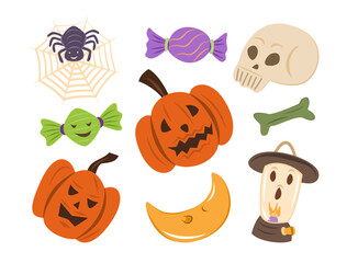 Set of Spooky Cartoon Characters and Elements for Halloween Concept Illustration