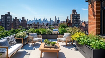 Fototapeta premium Rooftop garden view with plants, furniture, and a distant city skyline under clear skies. 