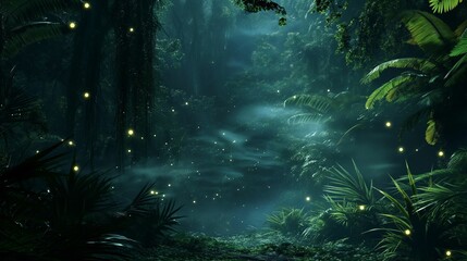 Fototapeta premium Image of a tropical jungle by night, darkness is illuminated by the soft glow of sparkling fireflies.