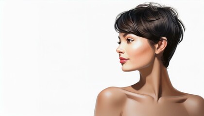 Fototapeta premium studio portrait of a brunette short haired woman with nude shoulders on a white background 