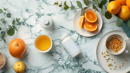 A flat lay of vitamins, oranges, tea, and eucalyptus leaves on a marble countertop.