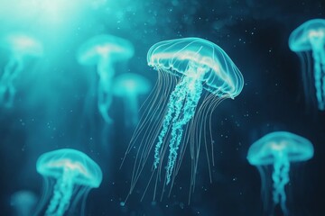 A mesmerizing underwater scene of glowing jellyfish drifting gracefully in a vibrant blue ocean. Perfect for marine life collections.
