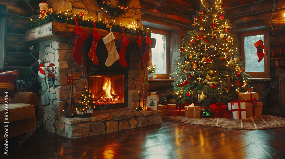 Canvas Prints Festive christmas tree in a warm living room with a crackling fireplace and holiday stockings