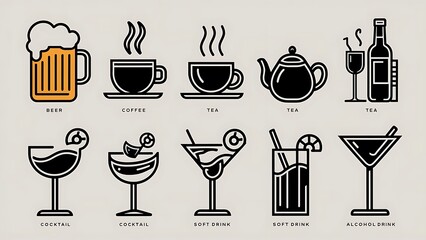 Beer, coffee and tea icons. Beer, wine and cocktail signs. Soft and alcohol drinks symbols. Classic simple flat icons. Vector