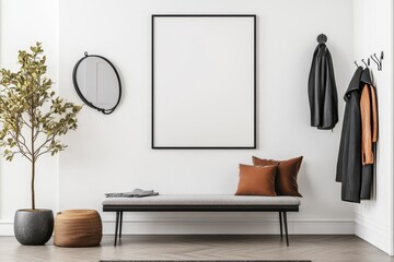 A minimalist entryway featuring a bench, wall hooks, a mirror, and decorative plants.