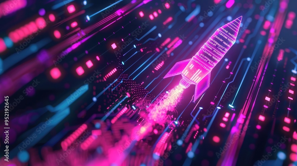 Poster bitcoin rocket launching from a virtual platform, surrounded by digital data streams and neon lights